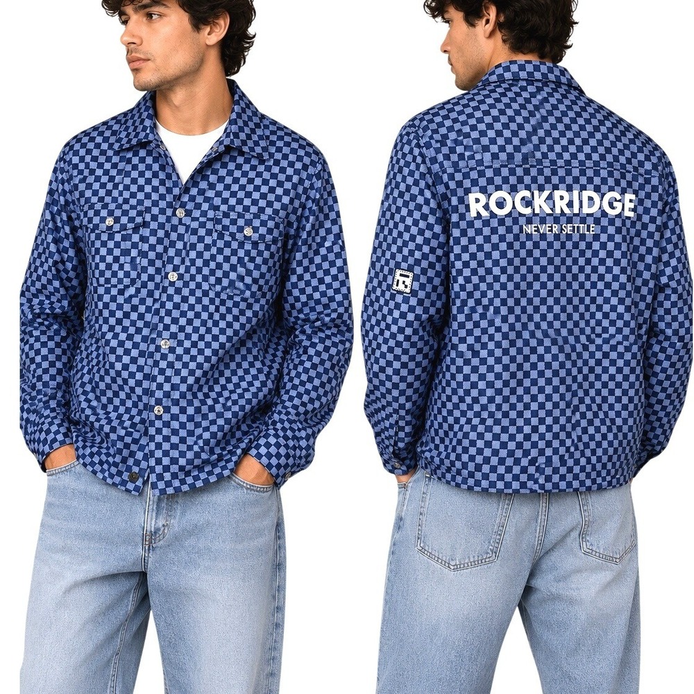 Rockridge Mens Blue Checkered Quilted Shirt Jacket Small Graphic Back Snap Front